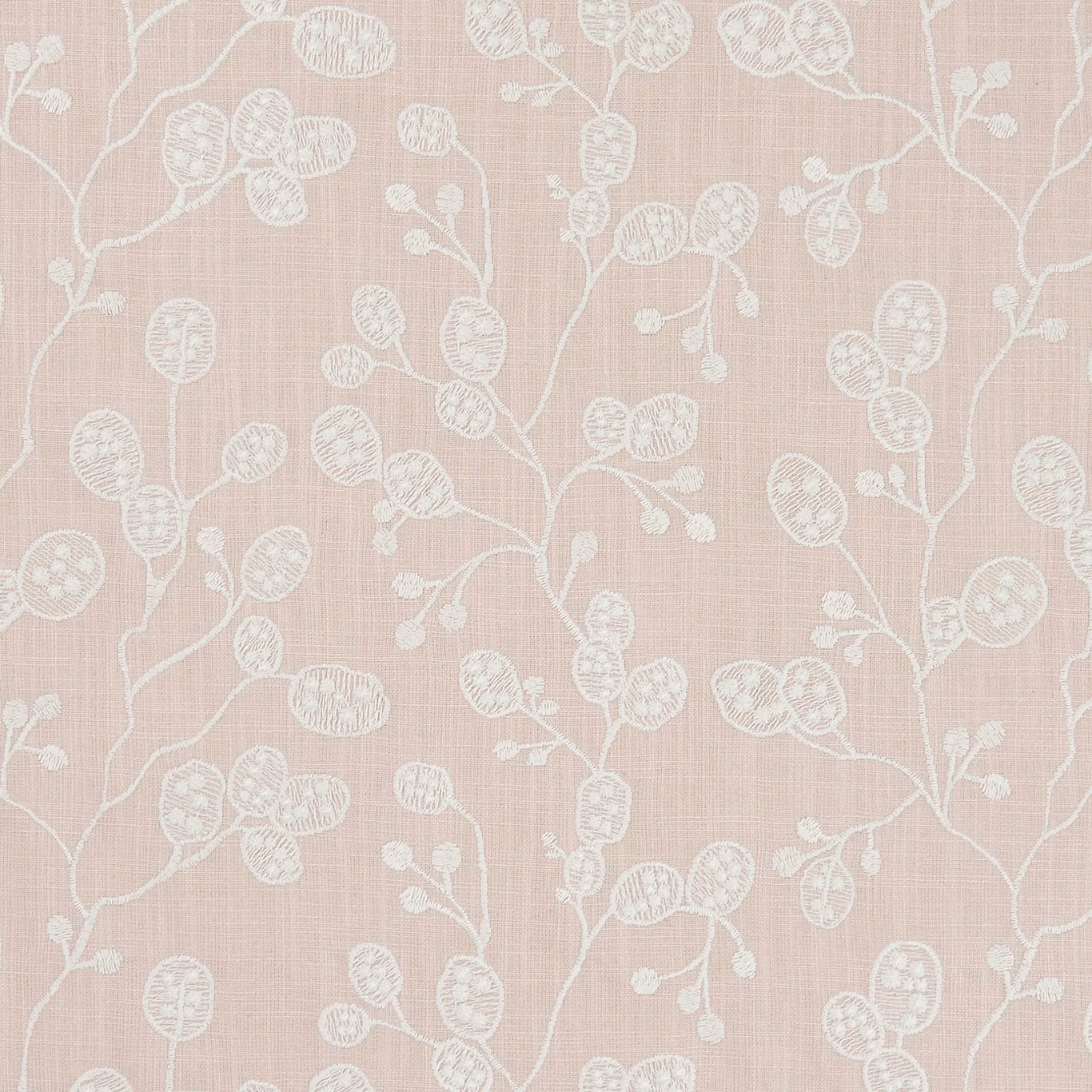 Soft blush pink fabric with ivory branching stems and outlined round seed pods