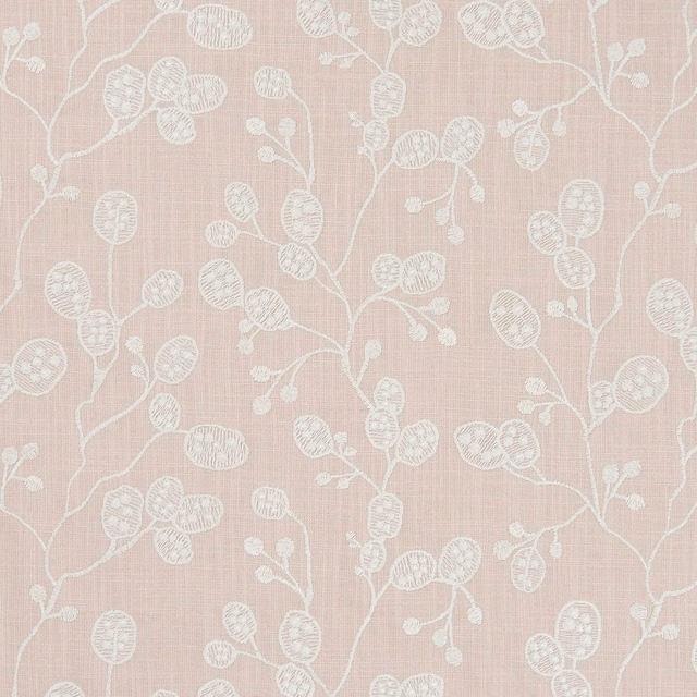 Soft blush pink fabric with ivory branching stems and outlined round seed pods