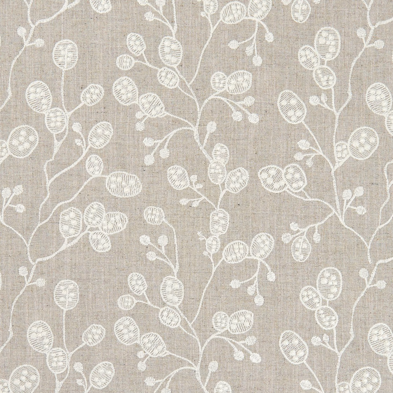Taupe linen-look ground with chalk-white branching stems and rounded seed pods