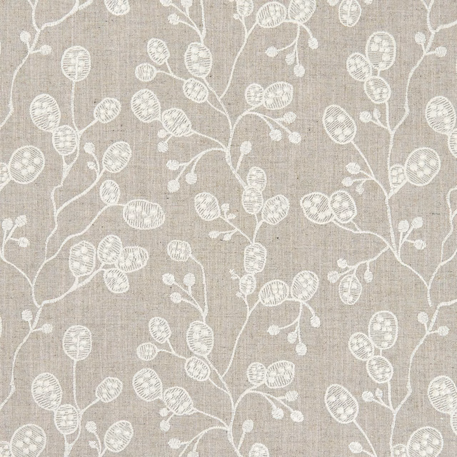Taupe linen-look ground with chalk-white branching stems and rounded seed pods