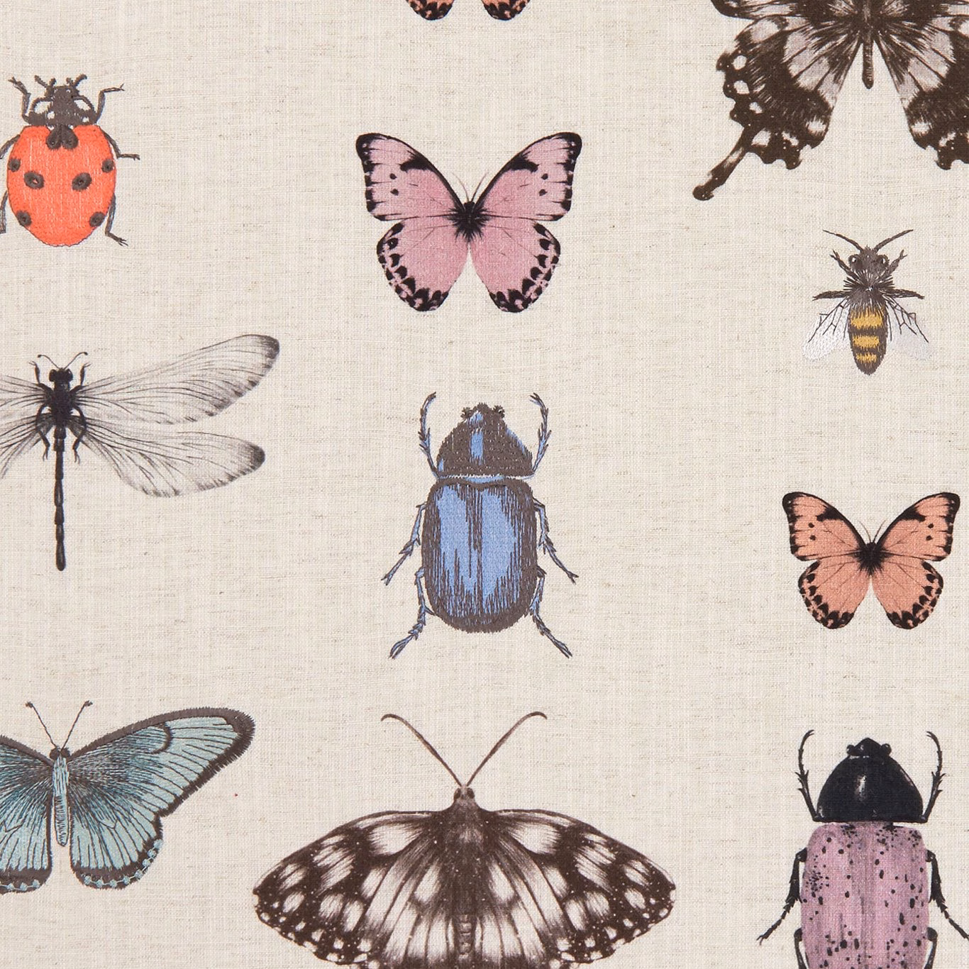 Blush butterflies and blue beetle printed across a textured natural ground