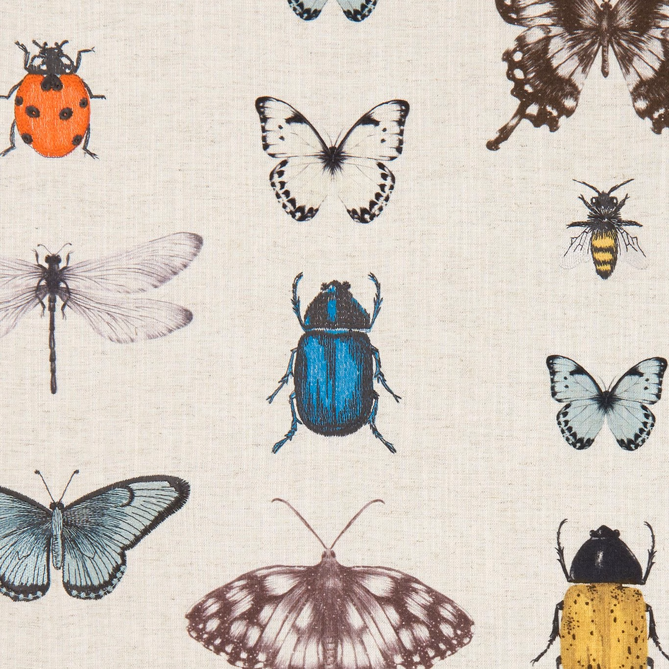 Mineral cream insect print with blue beetle, orange ladybird and patterned butterflies
