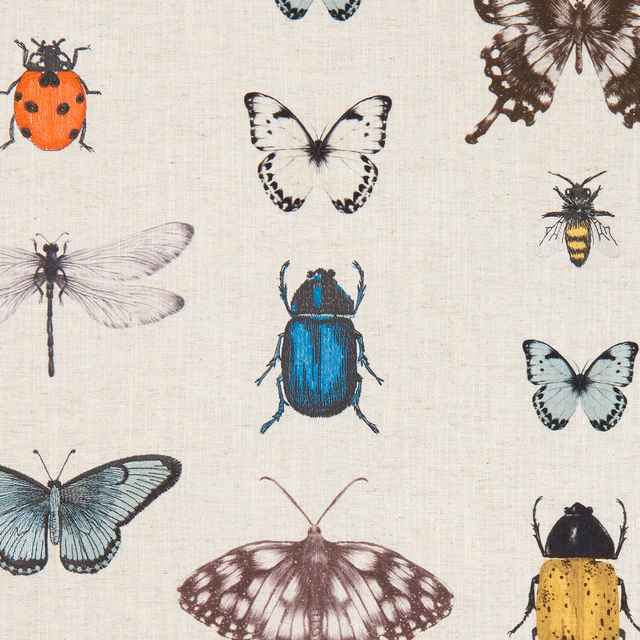 Mineral cream insect print with blue beetle, orange ladybird and patterned butterflies