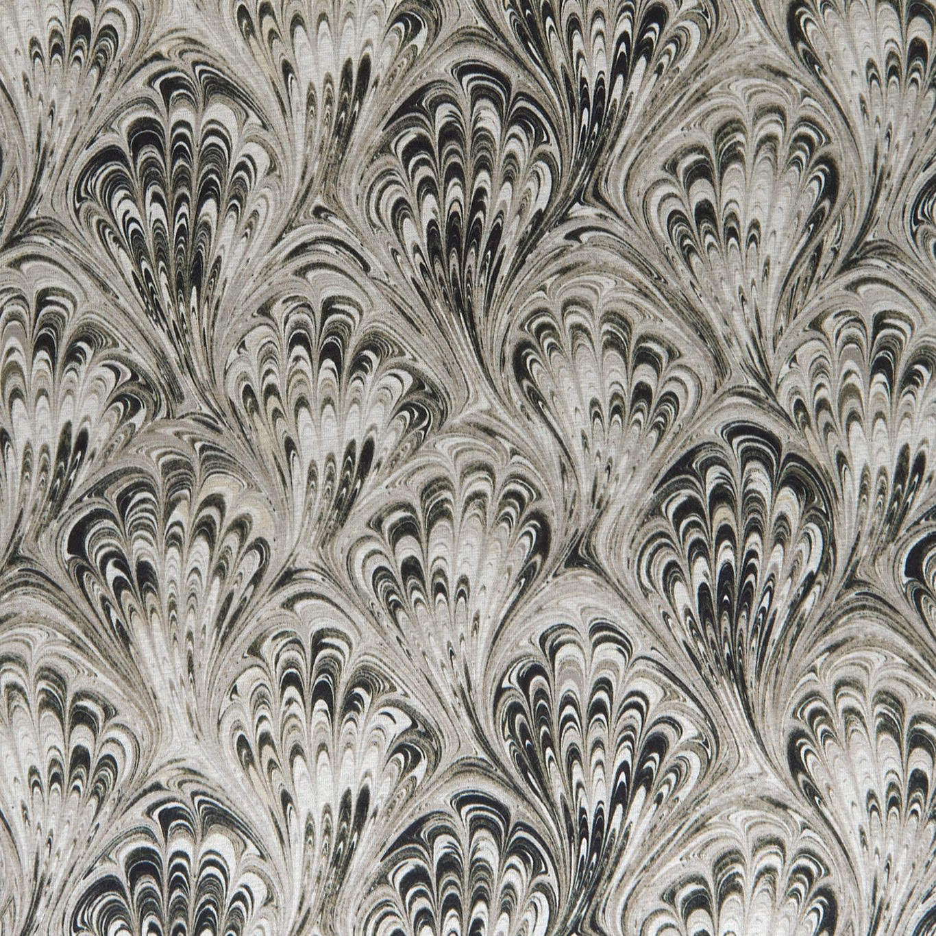 Charcoal and natural feather-like fans in a tightly marbled repeat