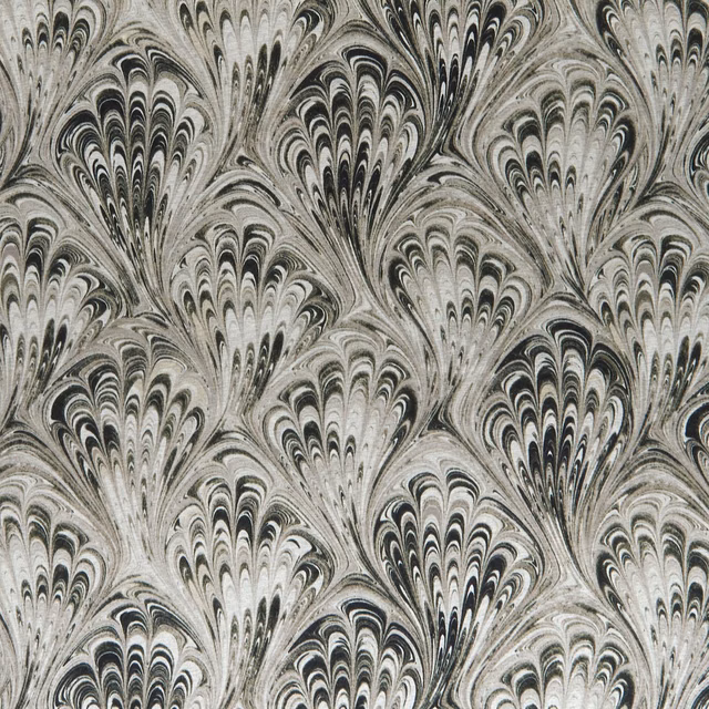 Charcoal and natural feather-like fans in a tightly marbled repeat