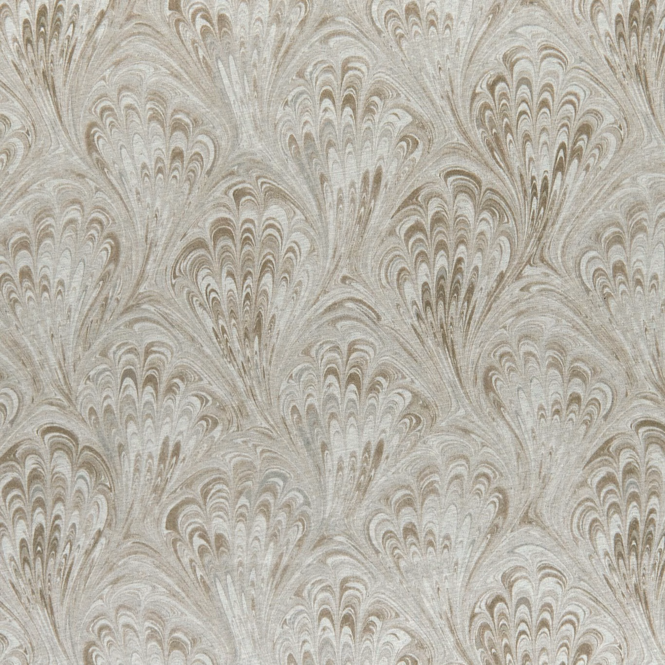 Warm ivory fabric with taupe-grey fan motifs and a softly woven grain