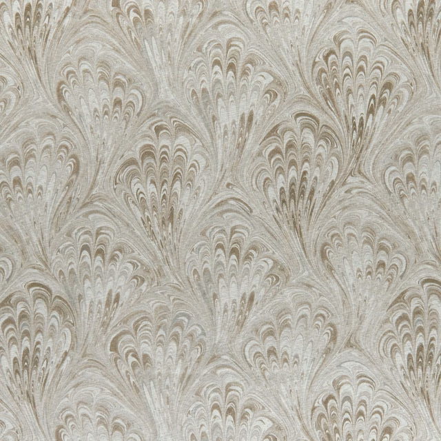 Warm ivory fabric with taupe-grey fan motifs and a softly woven grain