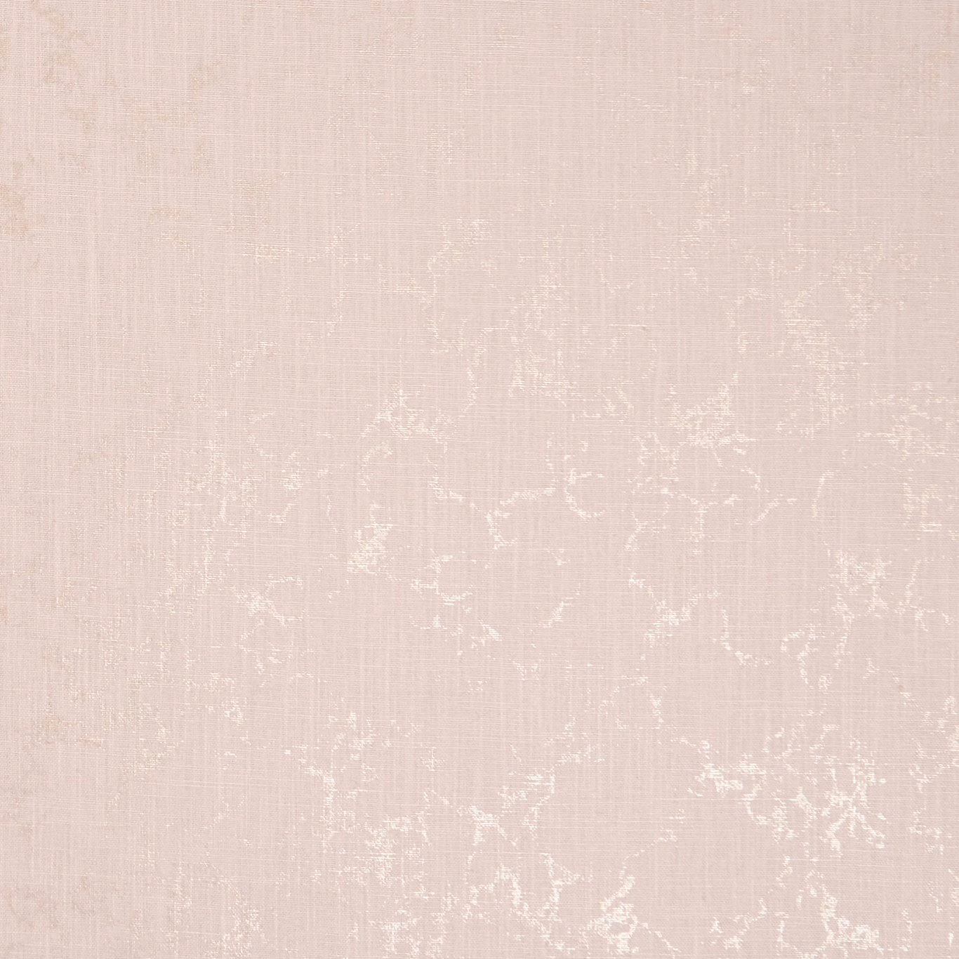 Pale blush pink fabric with softly distressed gold botanical tracery and fine vertical weave