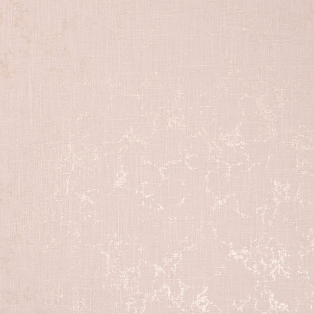 Pale blush pink fabric with softly distressed gold botanical tracery and fine vertical weave