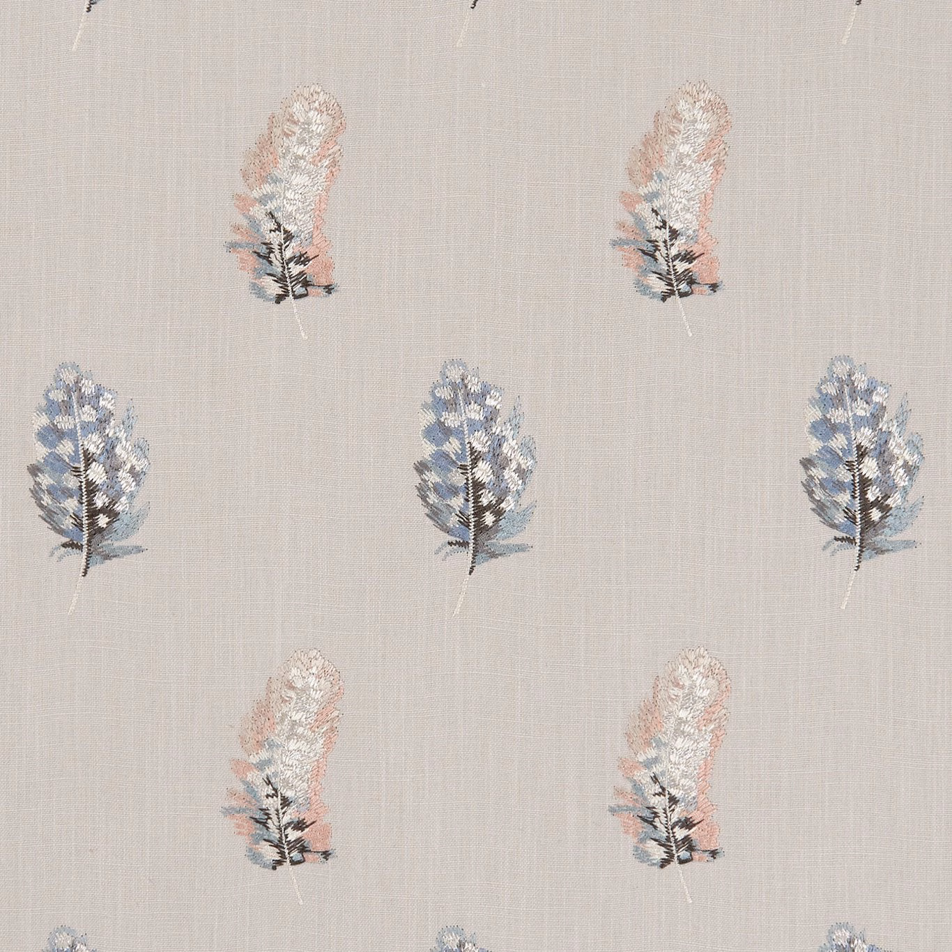 Pale linen-toned fabric with blush and dusty blue botanical sprigs