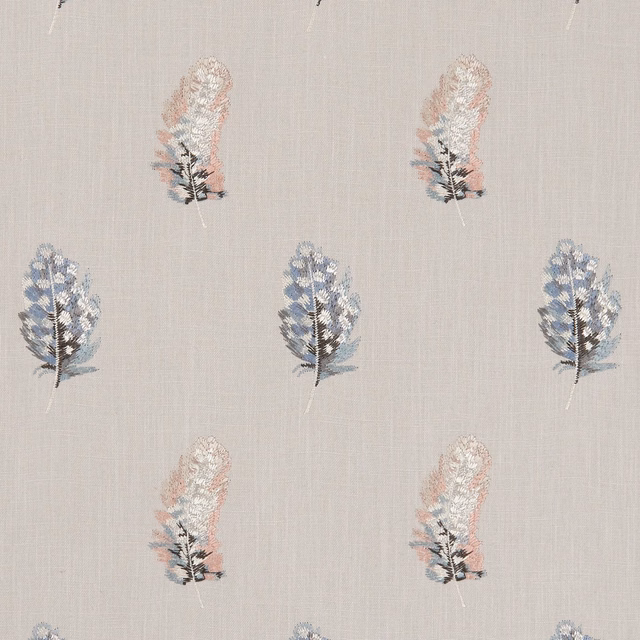 Pale linen-toned fabric with blush and dusty blue botanical sprigs