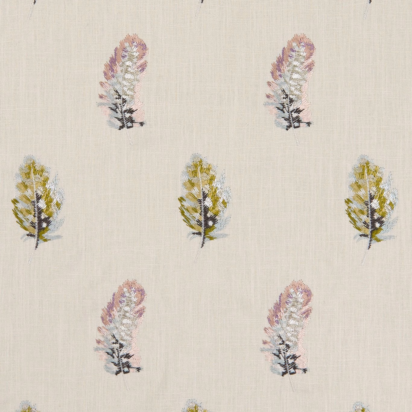 Cream woven ground with olive, blush and lilac botanical sprigs in repeat