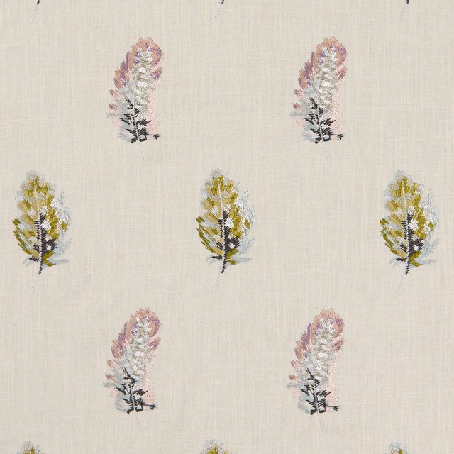 Cream woven ground with olive, blush and lilac botanical sprigs in repeat