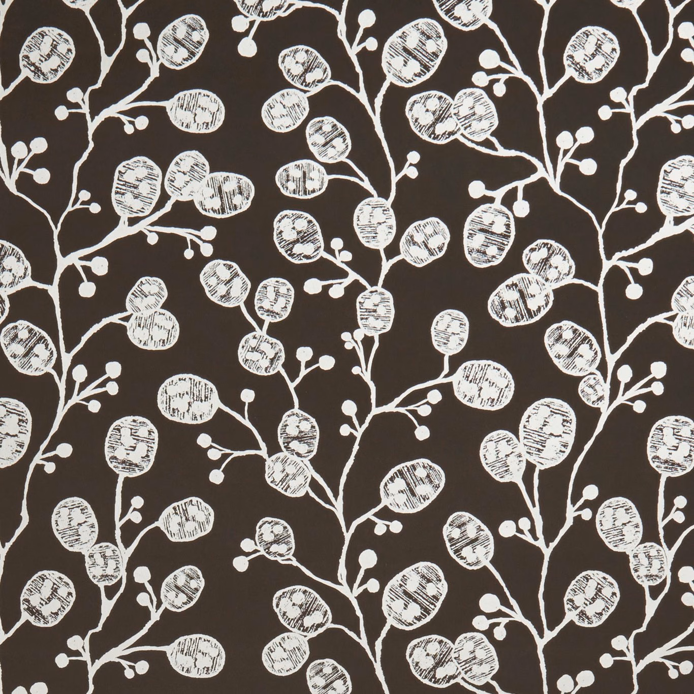 Charcoal wallpaper with warm gold seed pods and hand-drawn branching stems