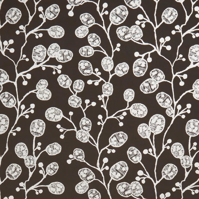 Charcoal wallpaper with warm gold seed pods and hand-drawn branching stems
