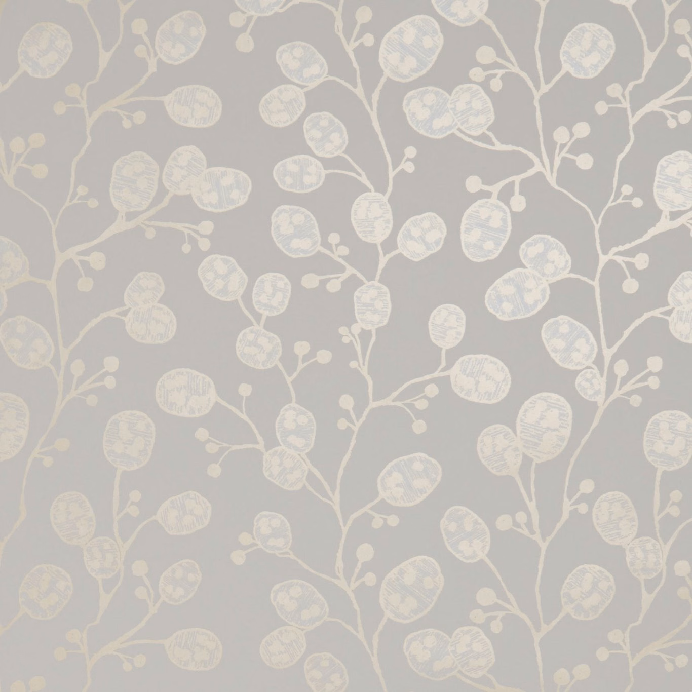 Warm taupe wallpaper with ivory and gold branches, oval seedheads and small buds