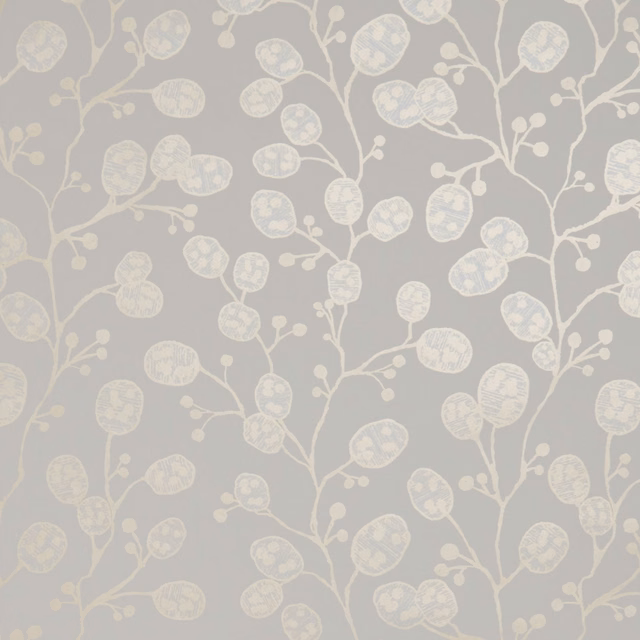Warm taupe wallpaper with ivory and gold branches, oval seedheads and small buds