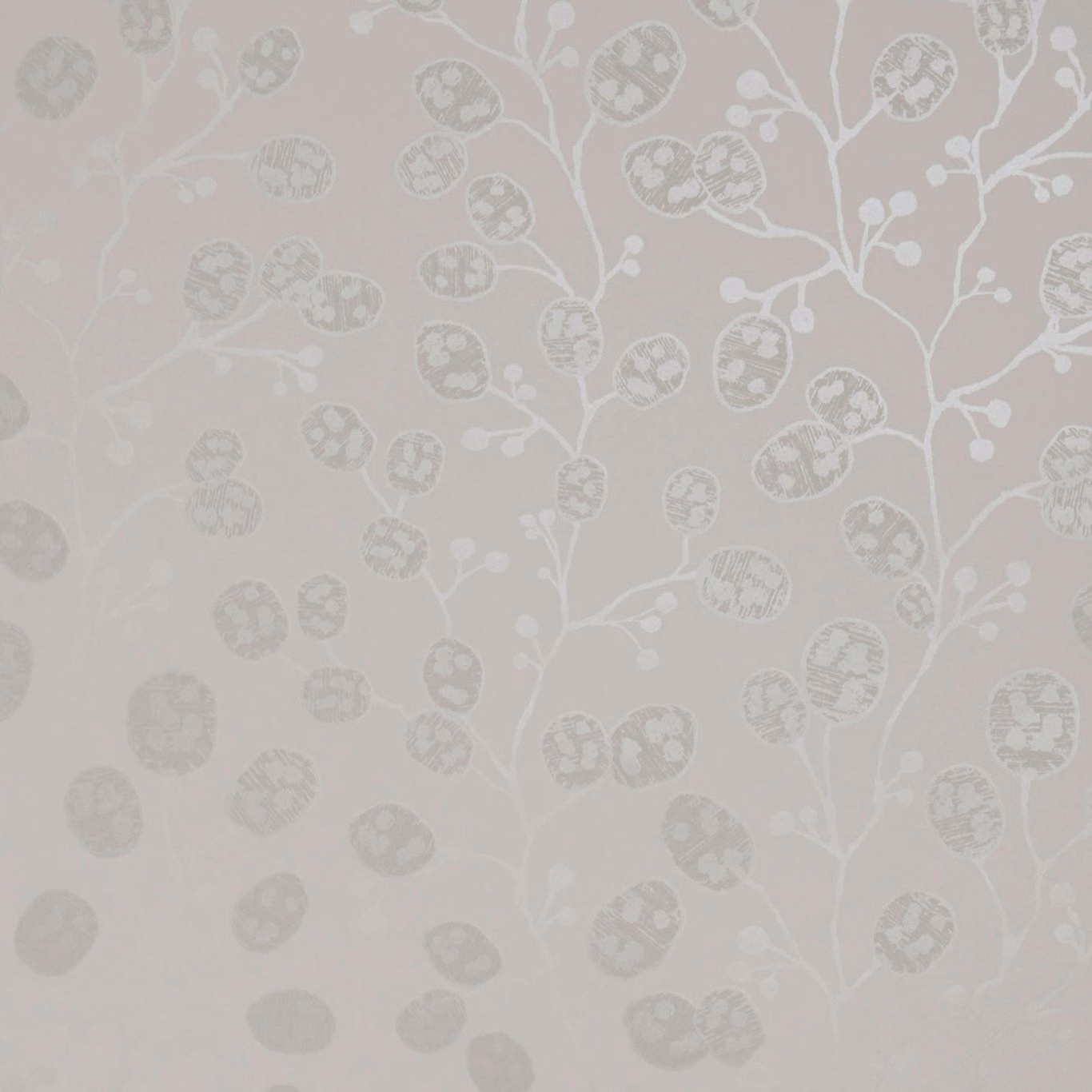 Pale ivory wallpaper with taupe seed-pod branches and white stems