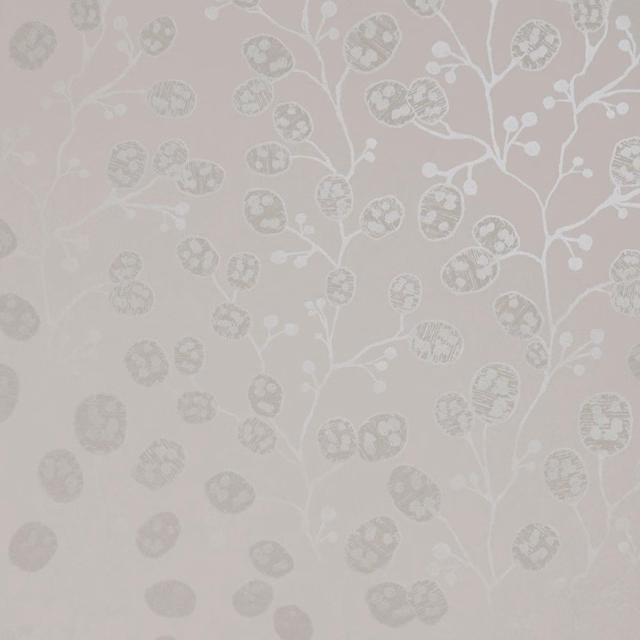 Pale ivory wallpaper with taupe seed-pod branches and white stems