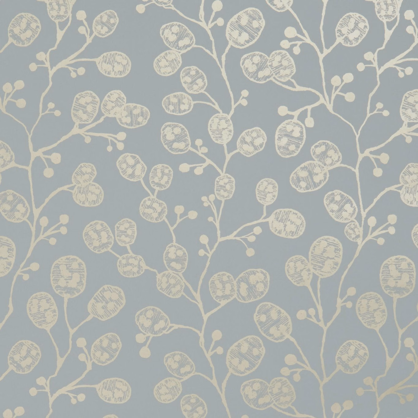 Mineral blue-grey wallpaper with cream-gold branching seed-heads and textured oval motifs