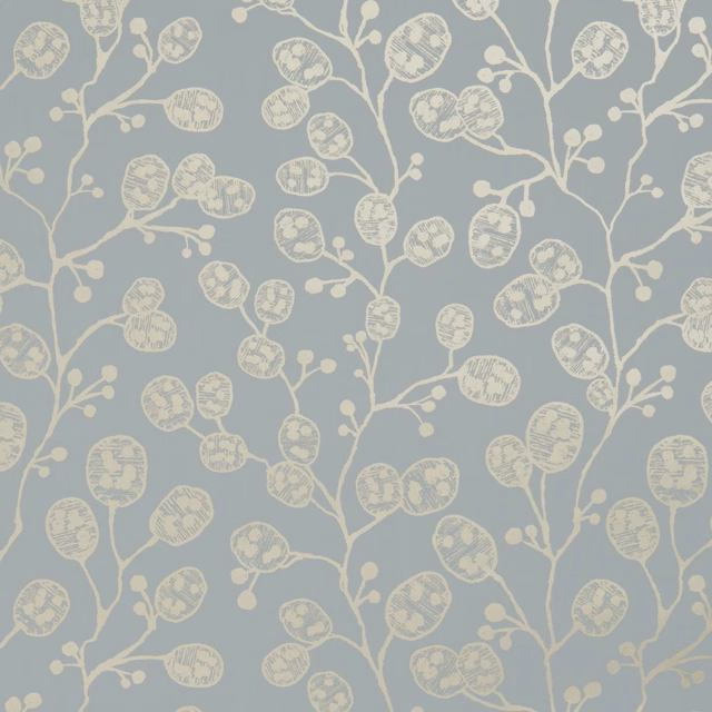 Mineral blue-grey wallpaper with cream-gold branching seed-heads and textured oval motifs