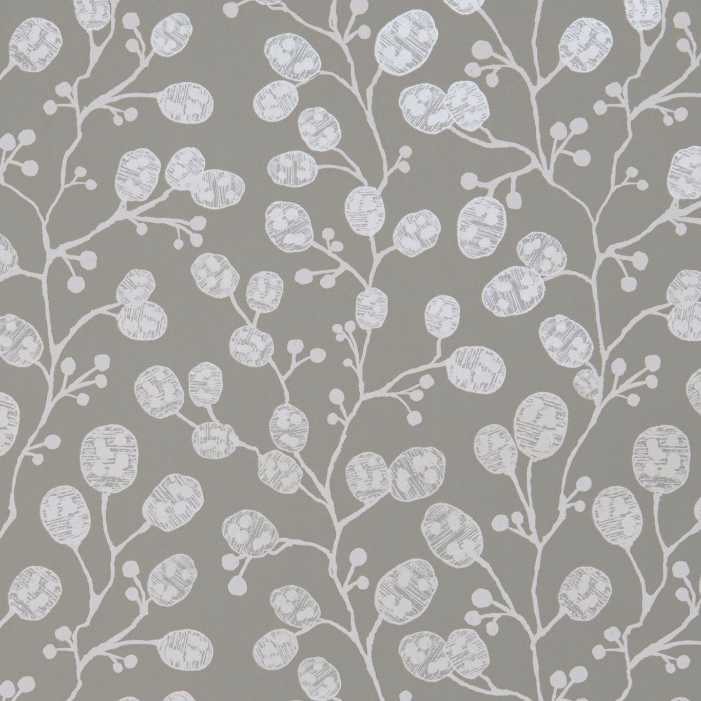 Muted taupe wallpaper with pearl seed pods, branching stems and sketched botanical texture