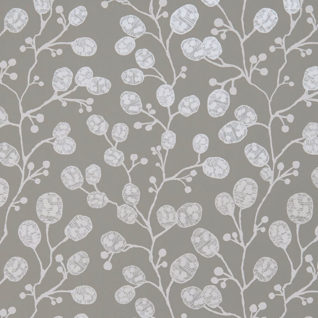 Muted taupe wallpaper with pearl seed pods, branching stems and sketched botanical texture