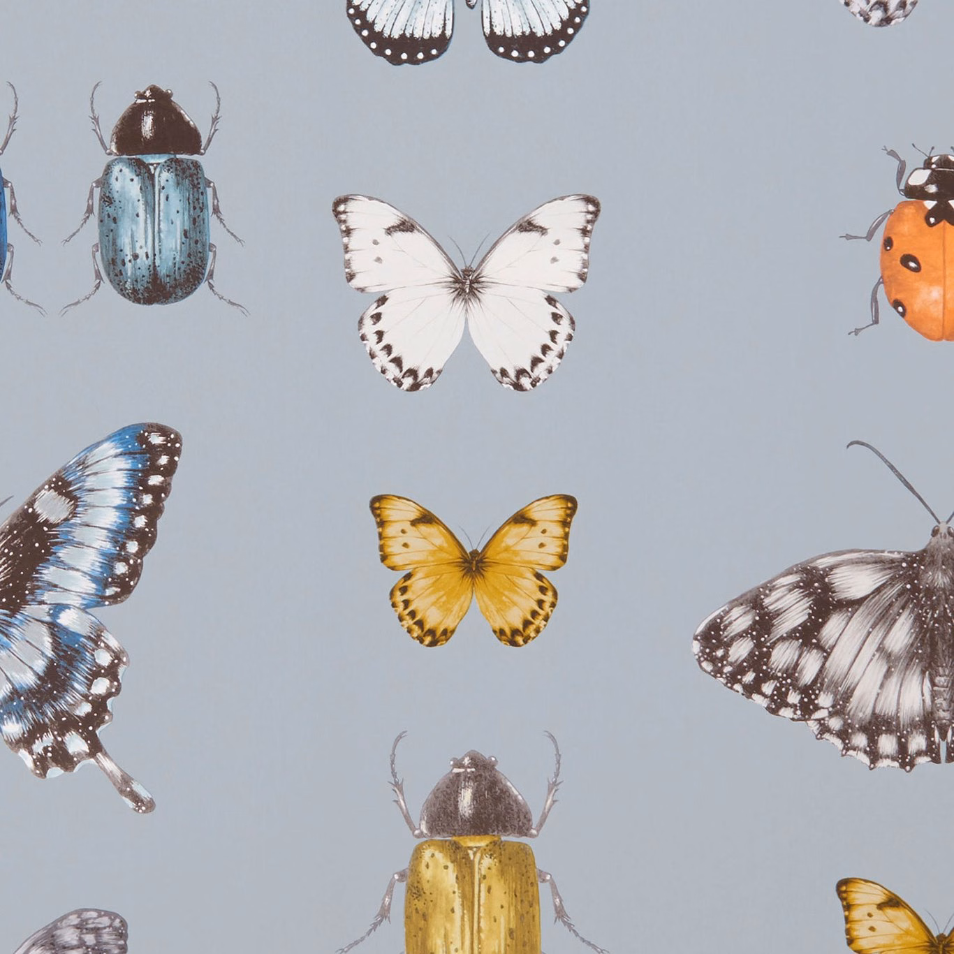 Mineral blue-grey wallpaper with white, gold and patterned butterflies and beetles