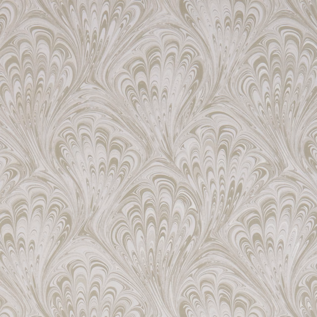 Soft taupe and silvery-grey marbled fan motifs with flowing feathered curves