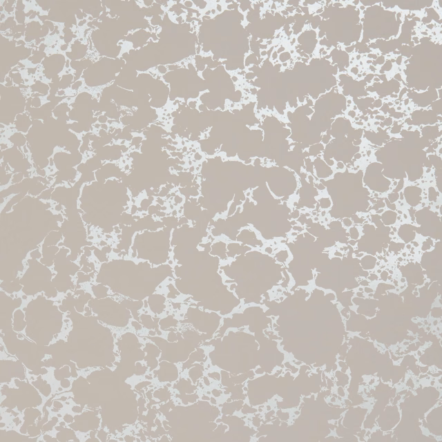 Warm blush-taupe wallpaper with pale silver irregular marbled tracery