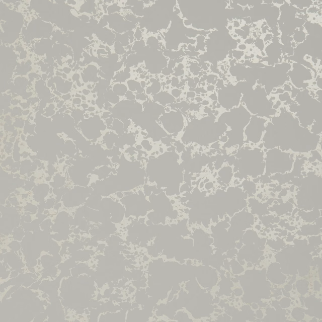 Pale grey wallpaper with ivory-gold fragmented tracery and a softly mottled ground