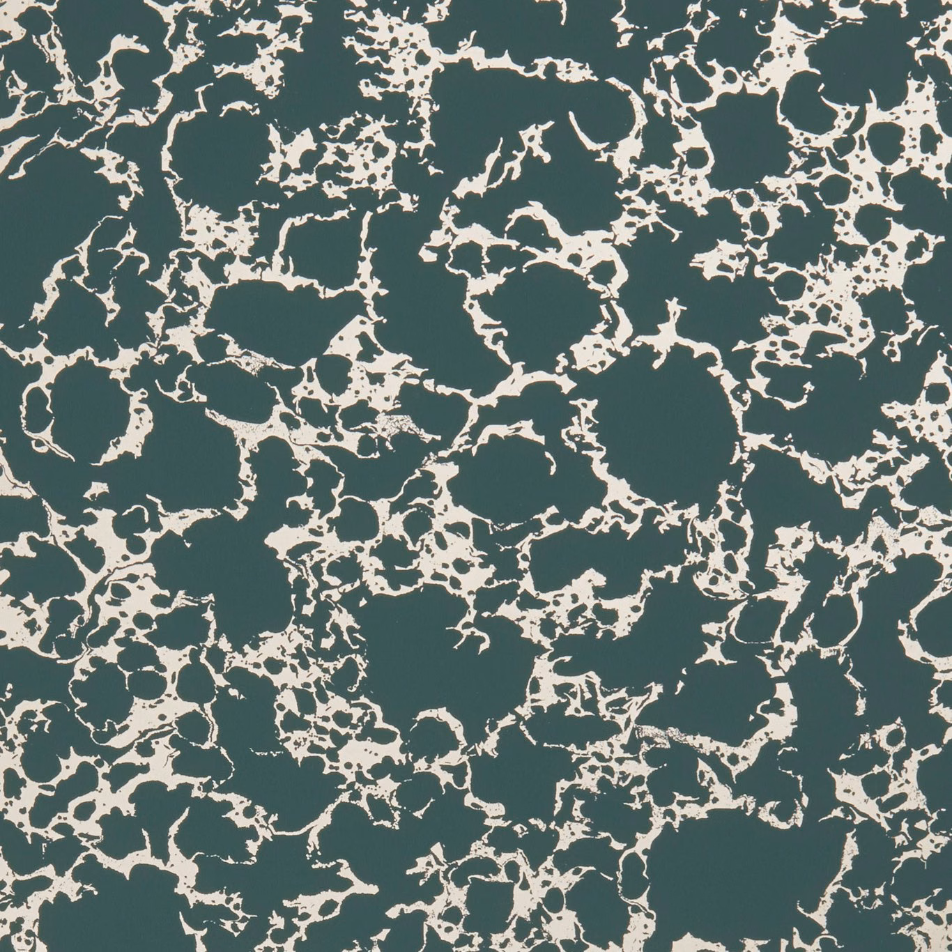 Deep teal wallpaper with pale gold, branching marbled tracery