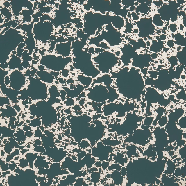 Deep teal wallpaper with pale gold, branching marbled tracery