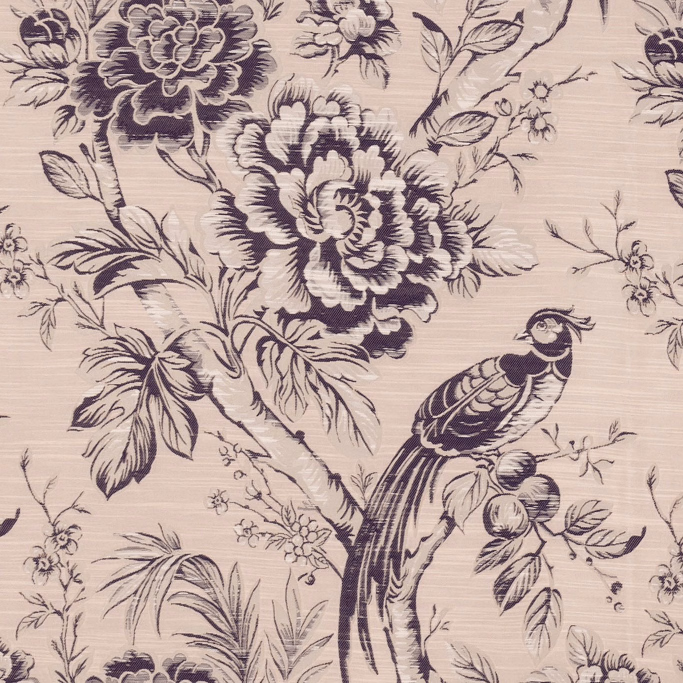 Blush fabric with damson flowers, trailing foliage and a detailed pheasant motif