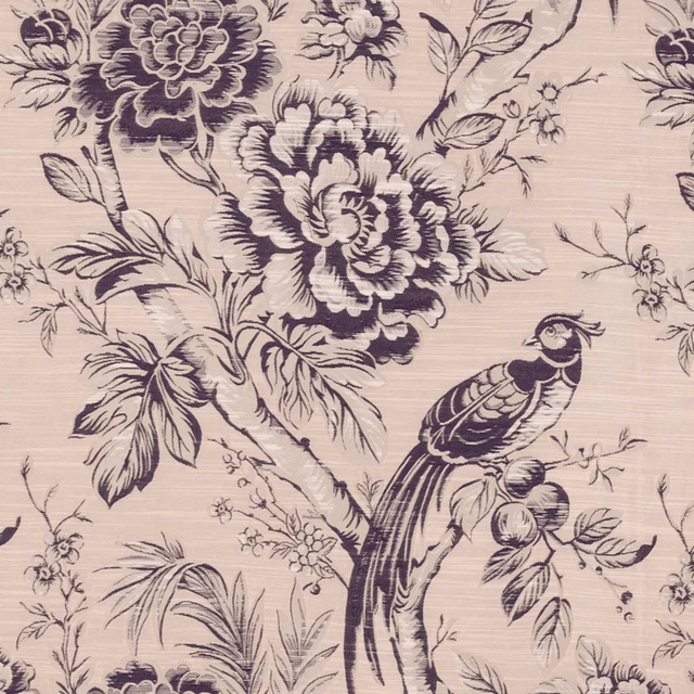 Blush fabric with damson flowers, trailing foliage and a detailed pheasant motif
