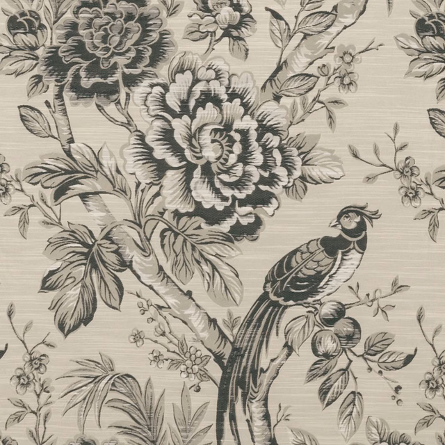 Charcoal peonies, leafy branches and a pheasant over a warm ivory ribbed ground