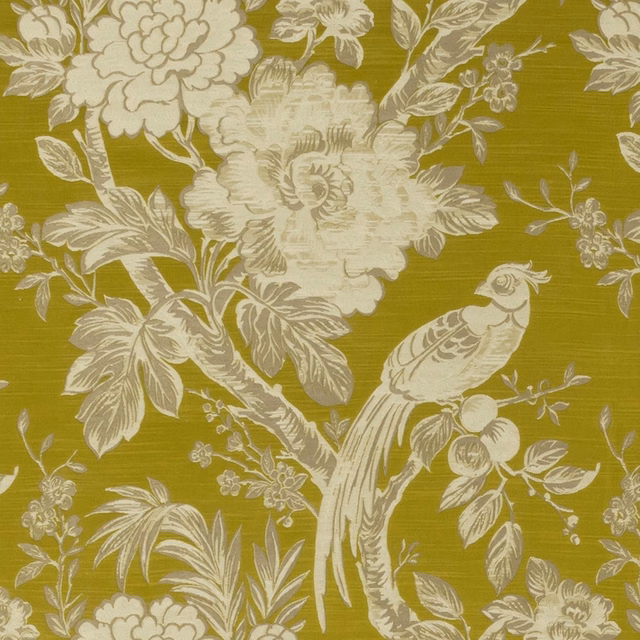 Muted chartreuse fabric with ivory peonies, foliage and a perched bird