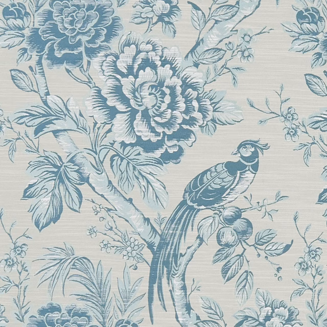 Muted eau de nil fabric with blue-grey peonies, foliage and long-tailed bird