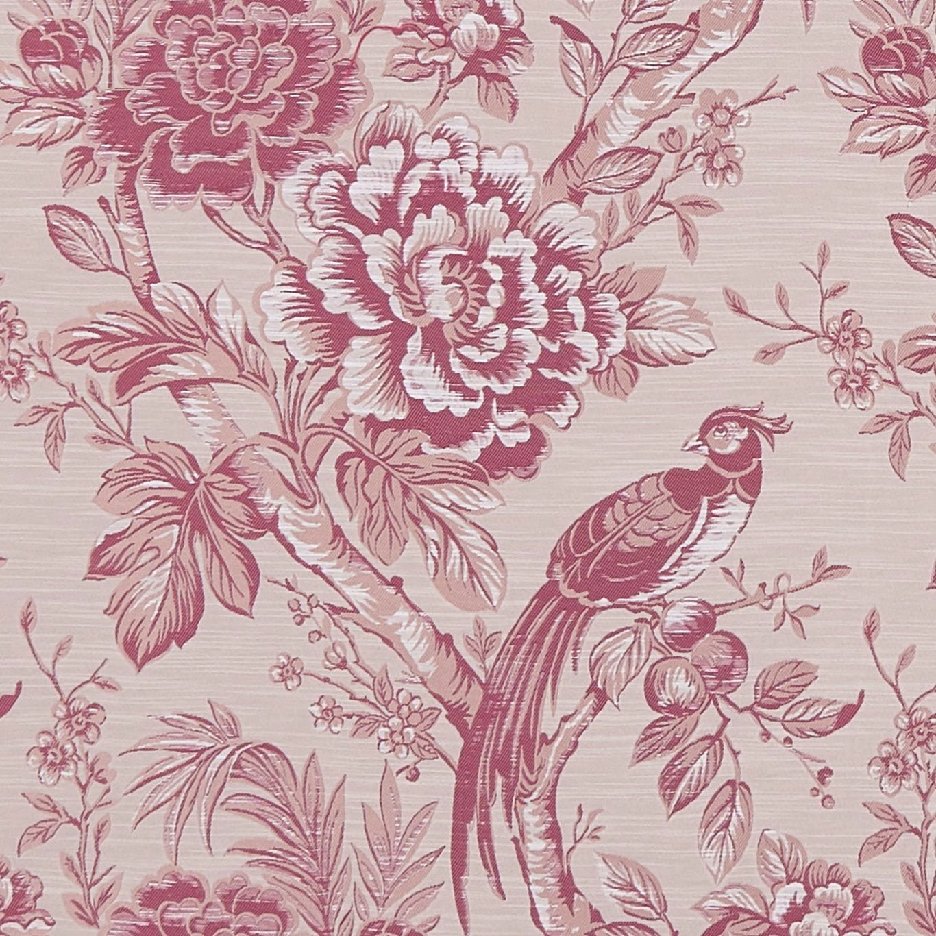 Pale blush botanical fabric with raspberry peonies, fine horizontal texture and perched bird