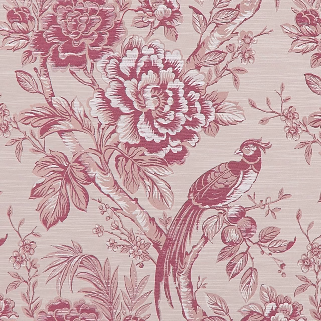 Pale blush botanical fabric with raspberry peonies, fine horizontal texture and perched bird