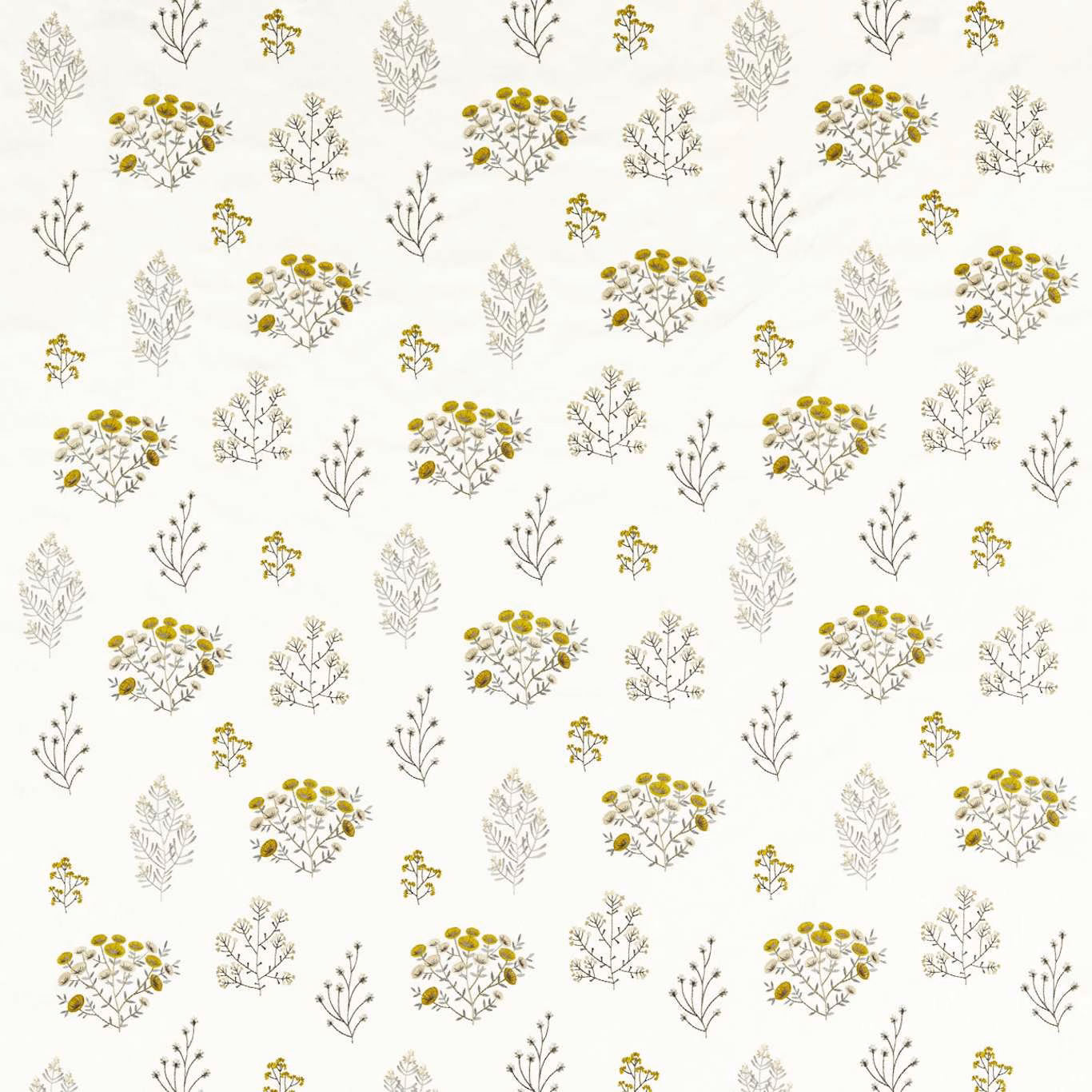 Ivory botanical fabric with chartreuse flower clusters and delicate grey leafy sprigs