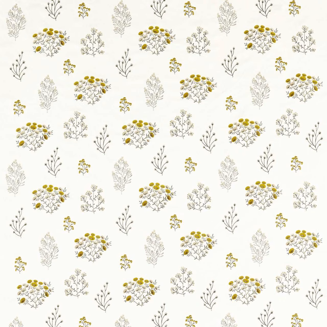Ivory botanical fabric with chartreuse flower clusters and delicate grey leafy sprigs