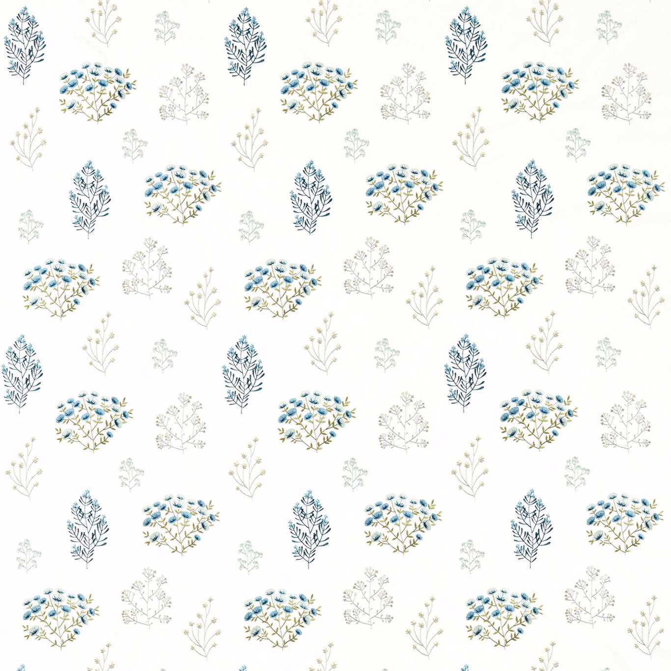 Mineral-cream botanical fabric with denim-blue clusters, sage stems and pale grey sprigs