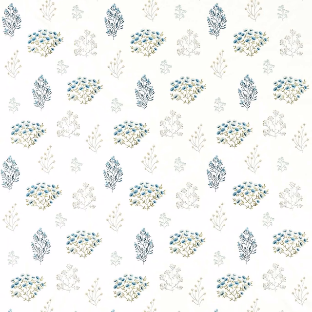 Mineral-cream botanical fabric with denim-blue clusters, sage stems and pale grey sprigs