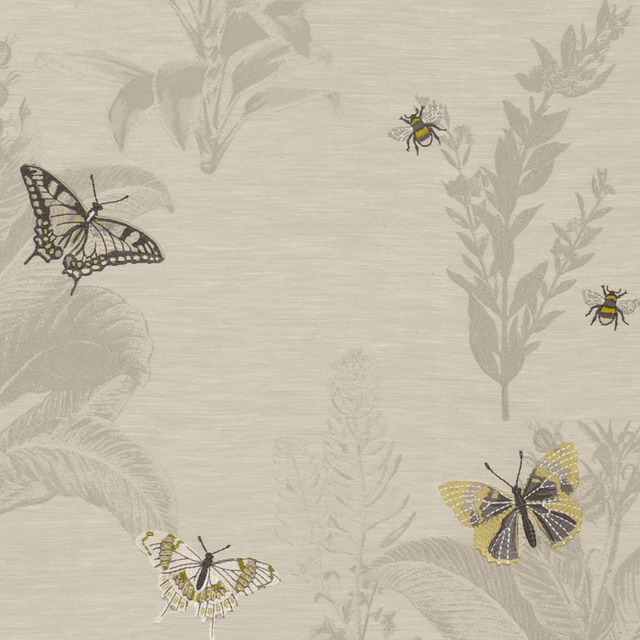 Muted chartreuse botanical fabric with butterflies, bees and softly textured ground