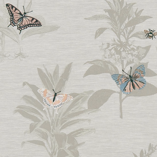 Pale eau de nil botanical weave with coral and blue butterflies and leafy silhouettes