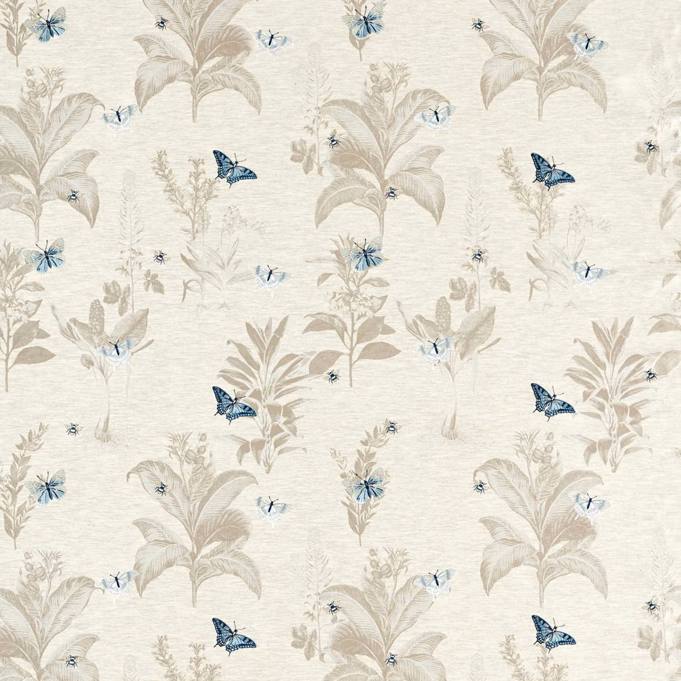 Mineral woven fabric with denim-blue butterflies and taupe botanical stems