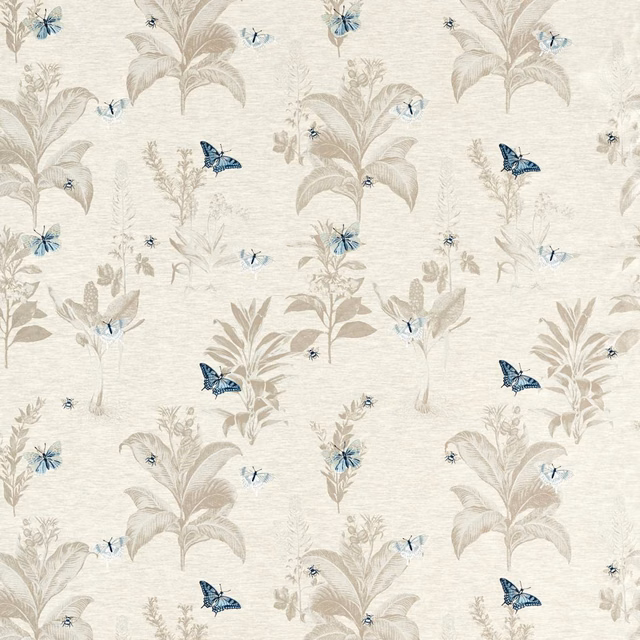 Mineral woven fabric with denim-blue butterflies and taupe botanical stems