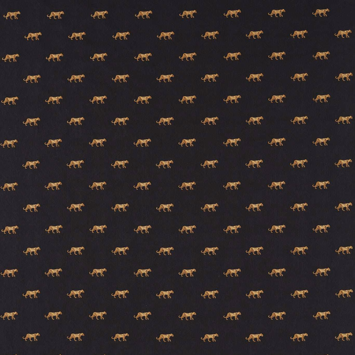 Near-black fabric with repeating antique-gold walking big-cat motifs and subtle texture