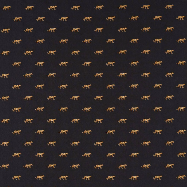 Near-black fabric with repeating antique-gold walking big-cat motifs and subtle texture